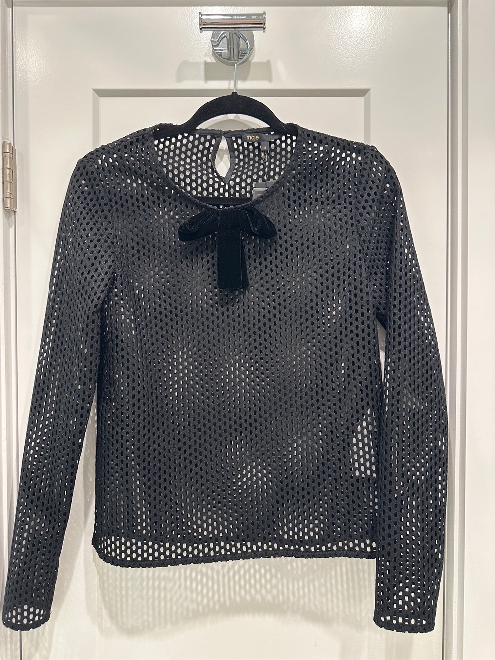 Maje Black Open-Knit Sheer Top with Velvet Bow - Picture 1 of 2